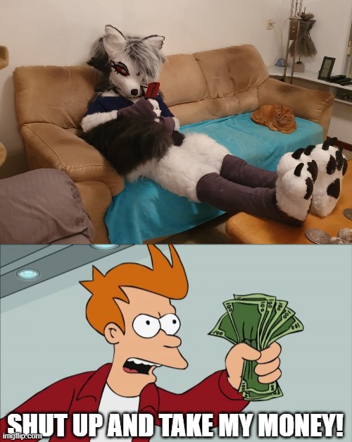 Blitz would be... Most likely pissed xD | SHUT UP AND TAKE MY MONEY! | image tagged in memes,shut up and take my money fry,loona,helluva boss,furry,fursuit | made w/ Imgflip meme maker