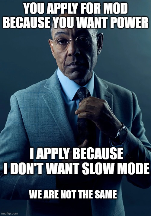 MOD | YOU APPLY FOR MOD BECAUSE YOU WANT POWER; I APPLY BECAUSE I DON'T WANT SLOW MODE; WE ARE NOT THE SAME | image tagged in we are not the same | made w/ Imgflip meme maker