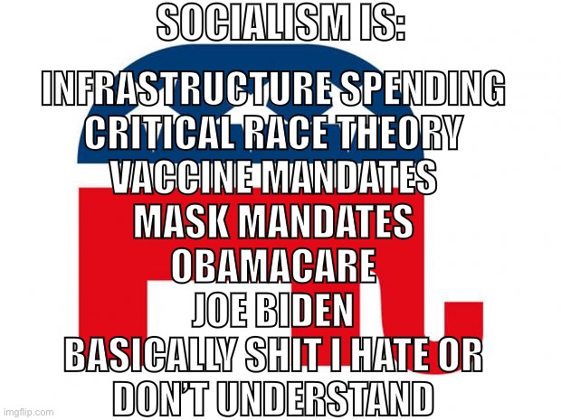 The elephant that cried “socialism!” | SOCIALISM IS:; INFRASTRUCTURE SPENDING
CRITICAL RACE THEORY
VACCINE MANDATES
MASK MANDATES
OBAMACARE
JOE BIDEN
BASICALLY SHIT I HATE OR
DON’T UNDERSTAND | image tagged in republican,socialism,communism,biden,conservative logic,republicans | made w/ Imgflip meme maker