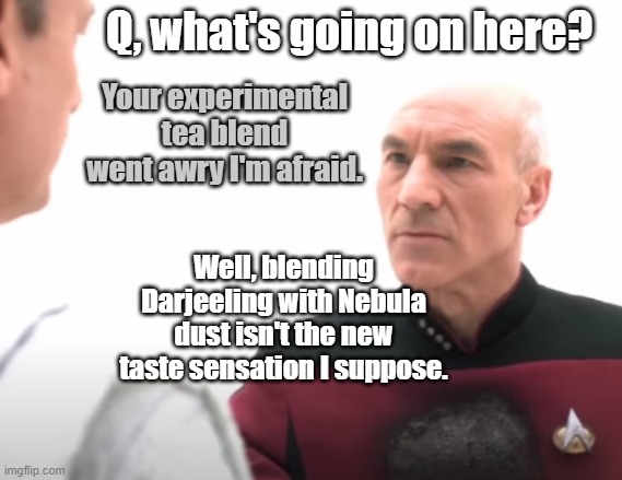 Picard's other idea involved recursive tea-brewing using time-travel. | Q, what's going on here? Your experimental tea blend went awry I'm afraid. Well, blending Darjeeling with Nebula dust isn't the new taste sensation I suppose. | image tagged in dead picard talking to q,tea experiments gone awry | made w/ Imgflip meme maker