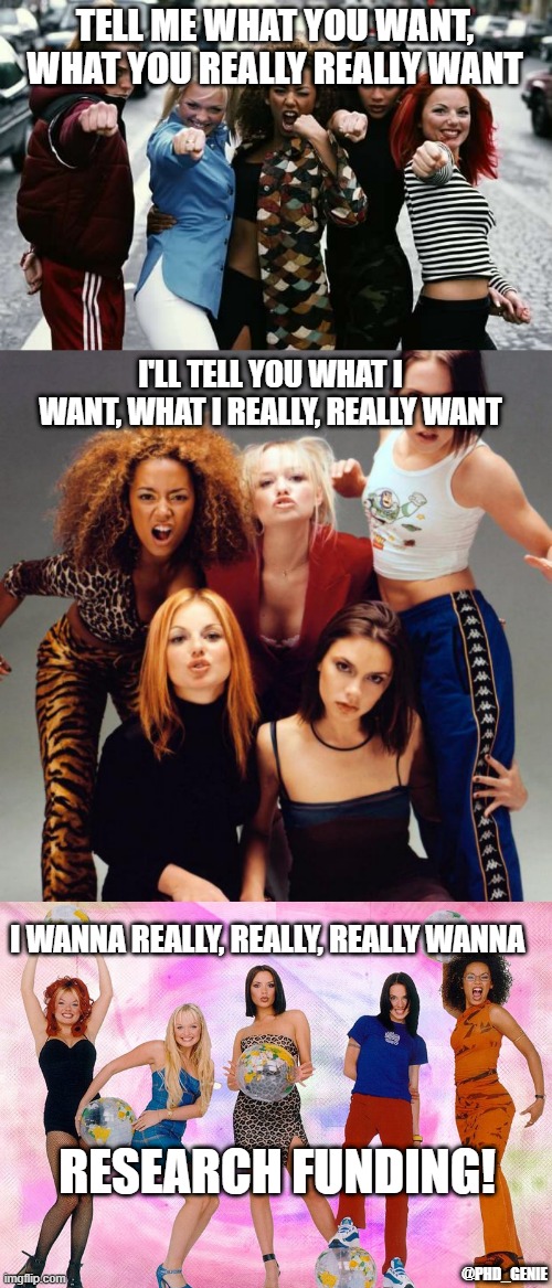 TELL ME WHAT YOU WANT, WHAT YOU REALLY REALLY WANT; I'LL TELL YOU WHAT I WANT, WHAT I REALLY, REALLY WANT; I WANNA REALLY, REALLY, REALLY WANNA; RESEARCH FUNDING! @PHD_GENIE | image tagged in spice girls 90s,spice girls | made w/ Imgflip meme maker