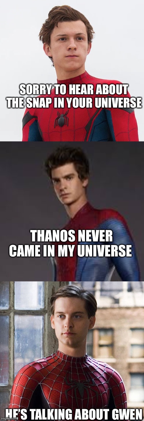 Sheesh who knew Tom had Dark Humor | SORRY TO HEAR ABOUT THE SNAP IN YOUR UNIVERSE; THANOS NEVER CAME IN MY UNIVERSE; HE’S TALKING ABOUT GWEN | image tagged in spiderman peter parker | made w/ Imgflip meme maker