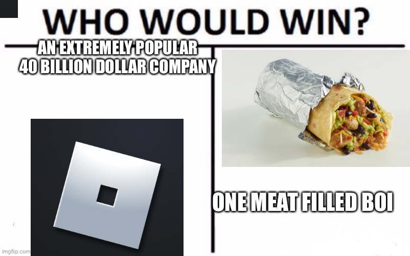 Meat Filled Bois | AN EXTREMELY POPULAR 40 BILLION DOLLAR COMPANY; ONE MEAT FILLED BOI | image tagged in memes,who would win | made w/ Imgflip meme maker