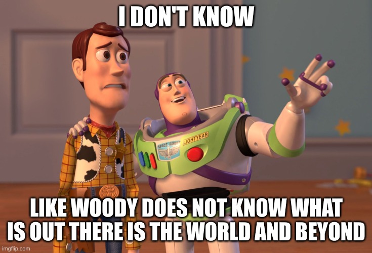 IMPORTANT CLICK ON IT | I DON'T KNOW; LIKE WOODY DOES NOT KNOW WHAT IS OUT THERE IS THE WORLD AND BEYOND | image tagged in memes,x x everywhere | made w/ Imgflip meme maker