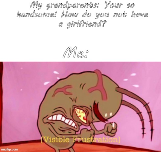 Cringin Plankton / Visible Frustation | My grandparents: Your so
handsome! How do you not have
a girlfriend? Me: | image tagged in cringin plankton / visible frustation | made w/ Imgflip meme maker