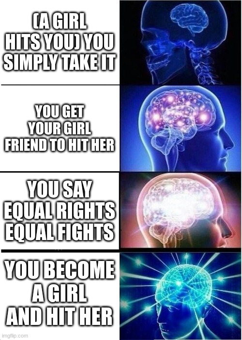 Expanding Brain | (A GIRL HITS YOU) YOU SIMPLY TAKE IT; YOU GET YOUR GIRL FRIEND TO HIT HER; YOU SAY EQUAL RIGHTS EQUAL FIGHTS; YOU BECOME A GIRL AND HIT HER | image tagged in memes,expanding brain | made w/ Imgflip meme maker