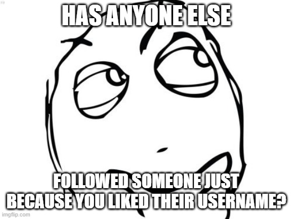 i do this |  HAS ANYONE ELSE; FOLLOWED SOMEONE JUST BECAUSE YOU LIKED THEIR USERNAME? | image tagged in memes,question rage face | made w/ Imgflip meme maker