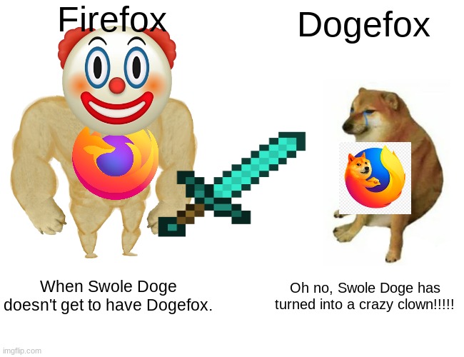 Dogefox VS. Firefox. | Firefox; Dogefox; When Swole Doge doesn't get to have Dogefox. Oh no, Swole Doge has turned into a crazy clown!!!!! | image tagged in memes,buff doge vs cheems | made w/ Imgflip meme maker