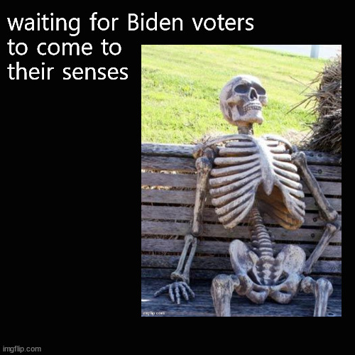 waiting for Biden voters | waiting for Biden voters
to come to
their senses | image tagged in waiting skeleton,biden | made w/ Imgflip meme maker