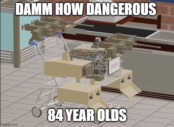 TROLLY | DAMM HOW DANGEROUS; 84 YEAR OLDS | image tagged in shopping cart | made w/ Imgflip meme maker