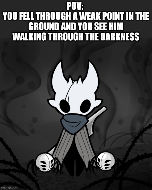 A Knight. | POV: 
YOU FELL THROUGH A WEAK POINT IN THE GROUND AND YOU SEE HIM WALKING THROUGH THE DARKNESS | made w/ Imgflip meme maker