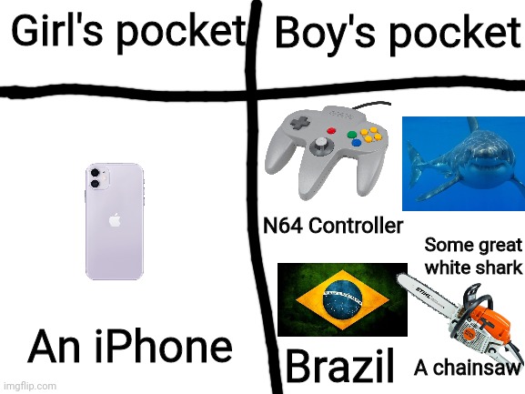 Girls pocket vs boys pocket |  Boy's pocket; Girl's pocket; N64 Controller; Some great white shark; An iPhone; Brazil; A chainsaw | image tagged in blank white template,iphone,great white shark,n64 controller,brazil,chainsaw | made w/ Imgflip meme maker