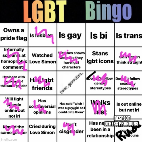 LGBTQ bingo | RESPECT OTHERS PRONOUNS | image tagged in lgbtq bingo | made w/ Imgflip meme maker