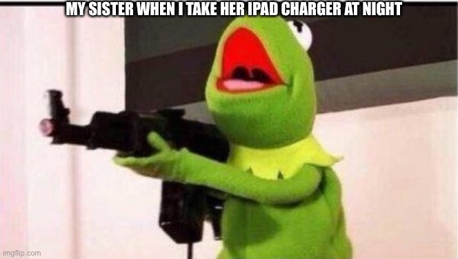 kermit with ak 47 | MY SISTER WHEN I TAKE HER IPAD CHARGER AT NIGHT | image tagged in kermit with ak 47 | made w/ Imgflip meme maker