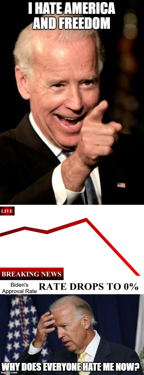 Biden doesn't realize that if you hate who you rule, they hate you back | I HATE AMERICA AND FREEDOM; Biden's Approval Rate; WHY DOES EVERYONE HATE ME NOW? | image tagged in memes,smilin biden,____ rate drops to 0,joe biden worries | made w/ Imgflip meme maker