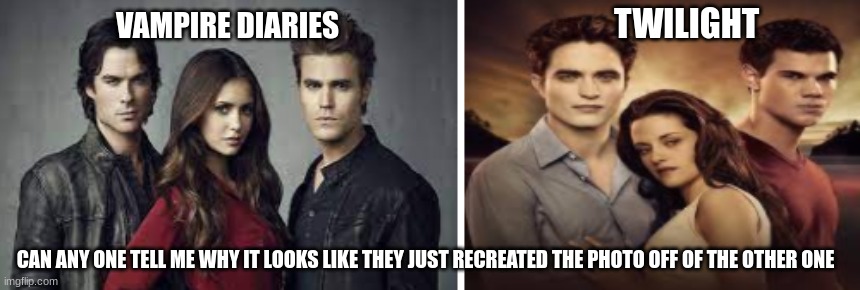 TWILIGHT; VAMPIRE DIARIES; CAN ANY ONE TELL ME WHY IT LOOKS LIKE THEY JUST RECREATED THE PHOTO OFF OF THE OTHER ONE | image tagged in lol | made w/ Imgflip meme maker