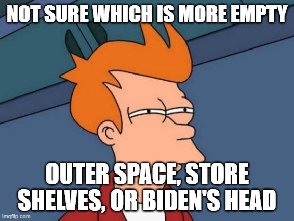 Futurama Fry Meme | NOT SURE WHICH IS MORE EMPTY OUTER SPACE, STORE SHELVES, OR BIDEN'S HEAD | image tagged in memes,futurama fry | made w/ Imgflip meme maker