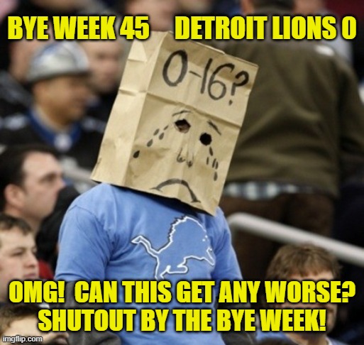 Bye Week 45 Detroit Lions 0 | BYE WEEK 45     DETROIT LIONS 0; OMG!  CAN THIS GET ANY WORSE?
SHUTOUT BY THE BYE WEEK! | image tagged in detroit lions,shutout,errors,fumbles,losses,zero wins | made w/ Imgflip meme maker