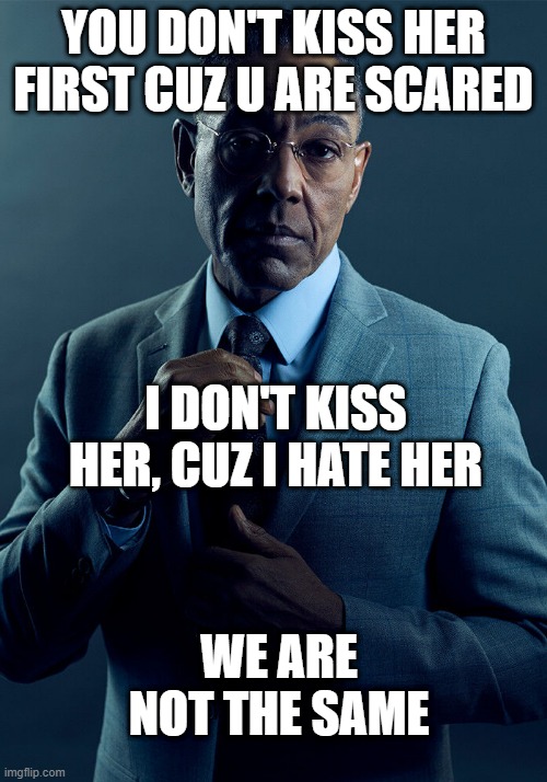 Gus Fring we are not the same | YOU DON'T KISS HER FIRST CUZ U ARE SCARED; I DON'T KISS HER, CUZ I HATE HER; WE ARE NOT THE SAME | image tagged in gus fring we are not the same | made w/ Imgflip meme maker