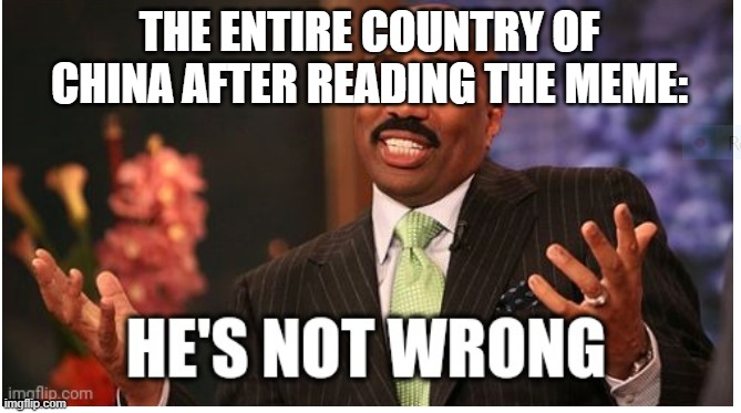 Well he's not 'wrong' | THE ENTIRE COUNTRY OF CHINA AFTER READING THE MEME: | image tagged in well he's not 'wrong' | made w/ Imgflip meme maker