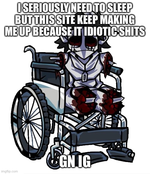 Seriously | I SERIOUSLY NEED TO SLEEP BUT THIS SITE KEEP MAKING ME UP BECAUSE IT IDIOTIC SHITS; GN IG | image tagged in gold in a wheelchair | made w/ Imgflip meme maker
