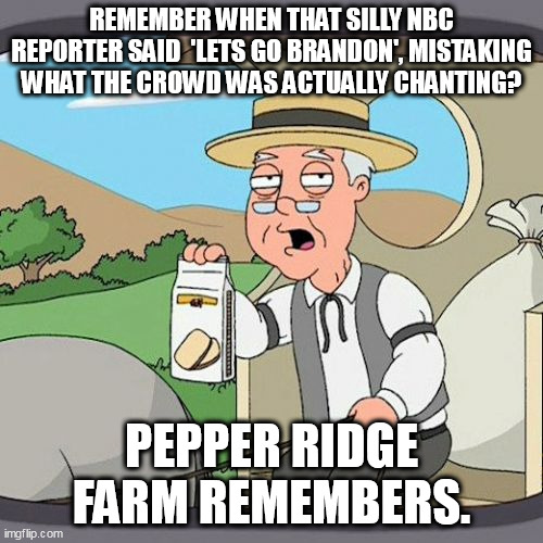 Pepperidge Farm Remembers |  REMEMBER WHEN THAT SILLY NBC REPORTER SAID  'LETS GO BRANDON', MISTAKING WHAT THE CROWD WAS ACTUALLY CHANTING? PEPPER RIDGE FARM REMEMBERS. | image tagged in memes,pepperidge farm remembers,lets go,brandon | made w/ Imgflip meme maker
