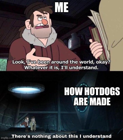 hotdogs are not from malaysia | ME; HOW HOTDOGS ARE MADE | image tagged in gravity falls understanding | made w/ Imgflip meme maker