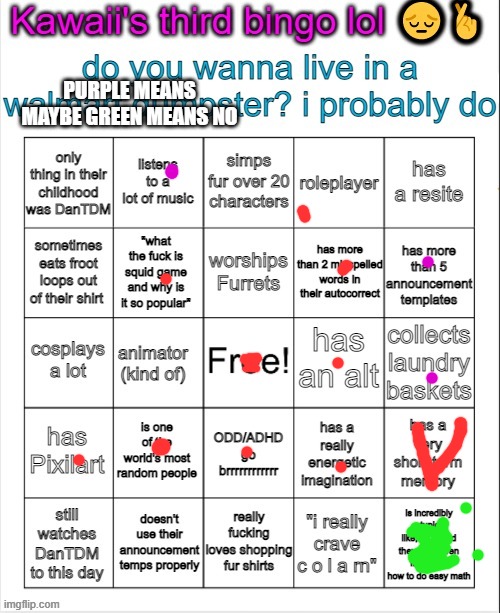 some sort of bingo except its not a bingo or is it |  PURPLE MEANS MAYBE GREEN MEANS NO | image tagged in some sort of bingo except its not a bingo or is it | made w/ Imgflip meme maker
