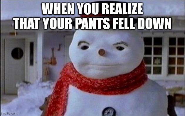 Jack Frost Snowman | WHEN YOU REALIZE THAT YOUR PANTS FELL DOWN | image tagged in jack frost snowman | made w/ Imgflip meme maker