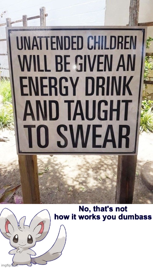 Unattended children doesn’t get an energy drinks and taught how to swear | image tagged in no that's not how it works you dumbass,funny signs,memes,funny,you had one job,you've been invited to dumbass university | made w/ Imgflip meme maker