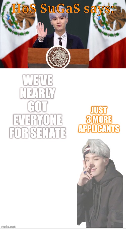 Sugas HOS temp | WE’VE NEARLY GOT EVERYONE FOR SENATE; JUST 3 MORE APPLICANTS | image tagged in sugas hos temp | made w/ Imgflip meme maker