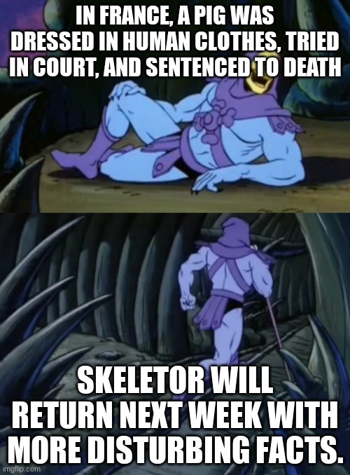 Disturbing Facts Skeletor | IN FRANCE, A PIG WAS DRESSED IN HUMAN CLOTHES, TRIED IN COURT, AND SENTENCED TO DEATH; SKELETOR WILL RETURN NEXT WEEK WITH MORE DISTURBING FACTS. | image tagged in disturbing facts skeletor,pigs,funny meme | made w/ Imgflip meme maker