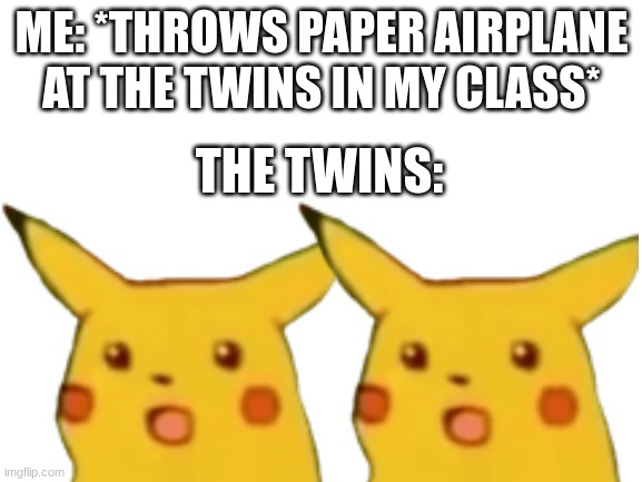 Definetly not towers | ME: *THROWS PAPER AIRPLANE AT THE TWINS IN MY CLASS*; THE TWINS: | image tagged in fun,twin towers | made w/ Imgflip meme maker