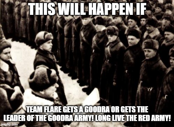 LONG LIVE THE RED ARMY | THIS WILL HAPPEN IF; TEAM FLARE GETS A GOODRA OR GETS THE LEADER OF THE GOODRA ARMY! LONG LIVE THE RED ARMY! | image tagged in red army | made w/ Imgflip meme maker