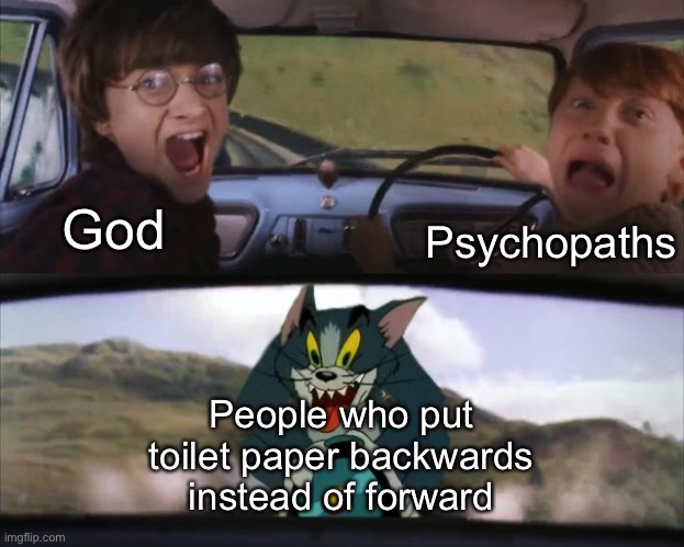 Tom chasing Harry and Ron Weasly | God; Psychopaths; People who put toilet paper backwards instead of forward | image tagged in tom chasing harry and ron weasly | made w/ Imgflip meme maker