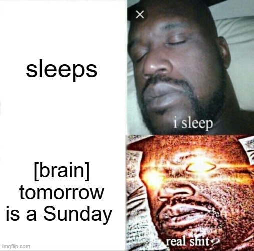 i know yall scared of Sundays | sleeps; [brain] tomorrow is a Sunday | image tagged in memes,sleeping shaq | made w/ Imgflip meme maker