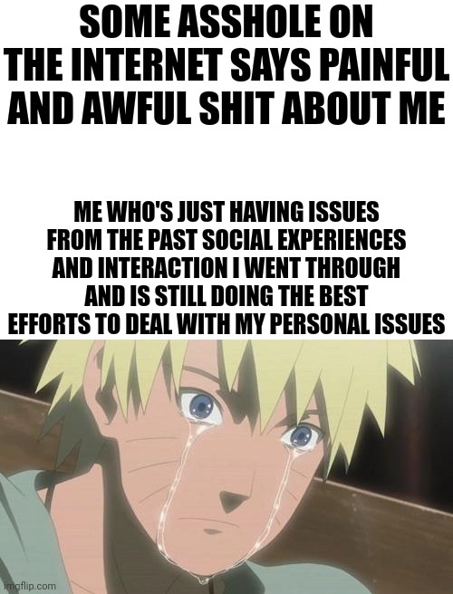 Seriously why do they have to act so shit towards me for having a valid point tho | SOME ASSHOLE ON THE INTERNET SAYS PAINFUL AND AWFUL SHIT ABOUT ME; ME WHO'S JUST HAVING ISSUES FROM THE PAST SOCIAL EXPERIENCES AND INTERACTION I WENT THROUGH AND IS STILL DOING THE BEST EFFORTS TO DEAL WITH MY PERSONAL ISSUES | image tagged in blank white template,crying naruto | made w/ Imgflip meme maker