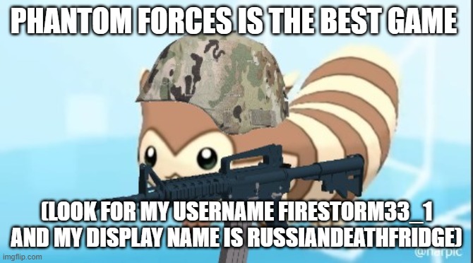 furret army | PHANTOM FORCES IS THE BEST GAME (LOOK FOR MY USERNAME FIRESTORM33_1 AND MY DISPLAY NAME IS RUSSIANDEATHFRIDGE) | image tagged in furret army | made w/ Imgflip meme maker