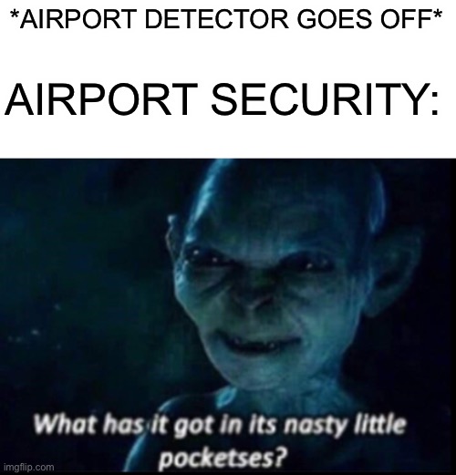 What has it got in its nasty little pockets? :) |  *AIRPORT DETECTOR GOES OFF*; AIRPORT SECURITY: | image tagged in memes,funny,golem,lord of the rings,lmao,relatable memes | made w/ Imgflip meme maker