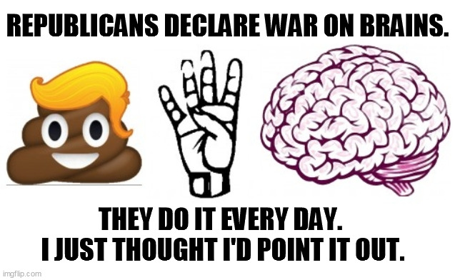 In case you forgot. | REPUBLICANS DECLARE WAR ON BRAINS. THEY DO IT EVERY DAY. 
I JUST THOUGHT I'D POINT IT OUT. | image tagged in republicans,war,brains | made w/ Imgflip meme maker