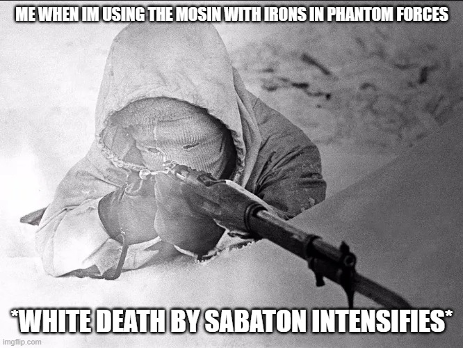 me using the mosin | ME WHEN IM USING THE MOSIN WITH IRONS IN PHANTOM FORCES; *WHITE DEATH BY SABATON INTENSIFIES* | image tagged in the white death | made w/ Imgflip meme maker