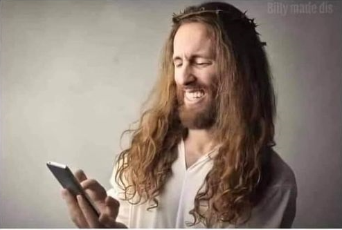 JESUS ON THE PHONE, JESUS LAUGHS AT SOMETHING ON THE PHONE Blank Meme Template