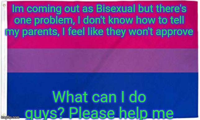 Please help | Im coming out as Bisexual but there's one problem, I don't know how to tell my parents, I feel like they won't approve; What can I do guys? Please help me | image tagged in bisexual flag | made w/ Imgflip meme maker