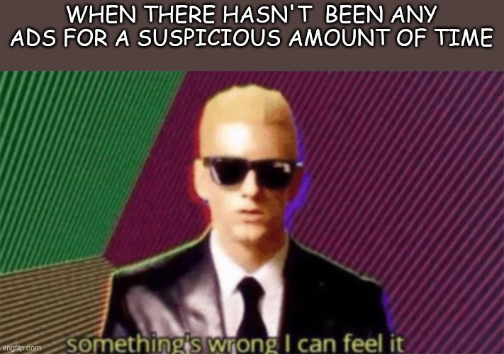 E | WHEN THERE HASN'T  BEEN ANY ADS FOR A SUSPICIOUS AMOUNT OF TIME | image tagged in something's wrong i can feel it | made w/ Imgflip meme maker