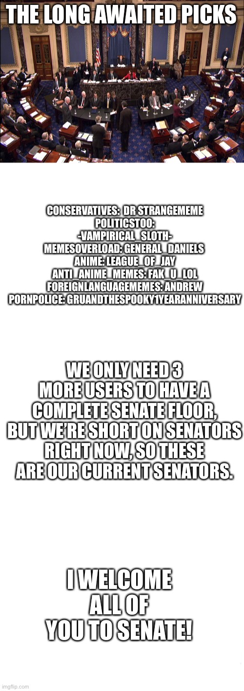 THE LONG AWAITED PICKS; CONSERVATIVES:  DR STRANGEMEME
POLITICSTOO: -VAMPIRICAL_SLOTH-
MEMESOVERLOAD: GENERAL_DANIELS 
ANIME: LEAGUE_OF_JAY
ANTI_ANIME_MEMES: FAK_U_LOL
FOREIGNLANGUAGEMEMES: ANDREW
PORNPOLICE: GRUANDTHESPOOKY1YEARANNIVERSARY; WE ONLY NEED 3 MORE USERS TO HAVE A COMPLETE SENATE FLOOR, BUT WE’RE SHORT ON SENATORS RIGHT NOW, SO THESE ARE OUR CURRENT SENATORS. I WELCOME ALL OF YOU TO SENATE! | image tagged in senate floor,long blank white | made w/ Imgflip meme maker