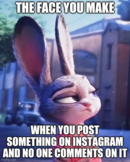 Judy is Displeased | THE FACE YOU MAKE; WHEN YOU POST SOMETHING ON INSTAGRAM AND NO ONE COMMENTS ON IT | image tagged in sarcastic judy hopps,zootopia,judy hopps,the face you make when,funny,memes | made w/ Imgflip meme maker