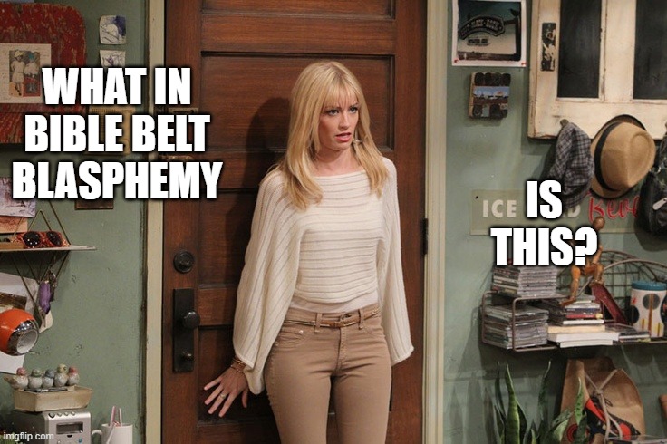 Beth Behrs | WHAT IN BIBLE BELT BLASPHEMY; IS THIS? | image tagged in beth behrs | made w/ Imgflip meme maker