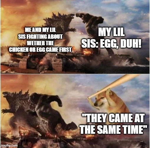 Egg vs. chicken | MY LIL SIS: EGG, DUH! ME AND MY LIL SIS FIGHTING ABOUT WETHER THE CHICKEN OR EGG CAME FIRST; "THEY CAME AT THE SAME TIME" | image tagged in kong godzilla doge | made w/ Imgflip meme maker