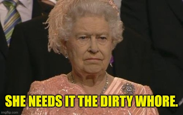 Queen Elizabeth London Olympics Not Amused | SHE NEEDS IT THE DIRTY WHORE. | image tagged in queen elizabeth london olympics not amused | made w/ Imgflip meme maker