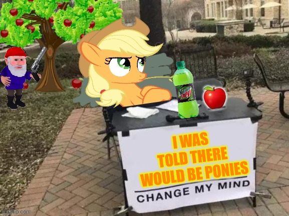 Change Applejack's Mind | I WAS TOLD THERE WOULD BE PONIES | image tagged in change applejack's mind | made w/ Imgflip meme maker